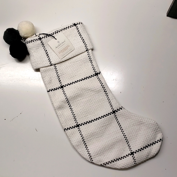 NEW! Hearth & Hand Windowpane Woven Plaid Poms Stocking Cream/Gray - Picture 2 of 6